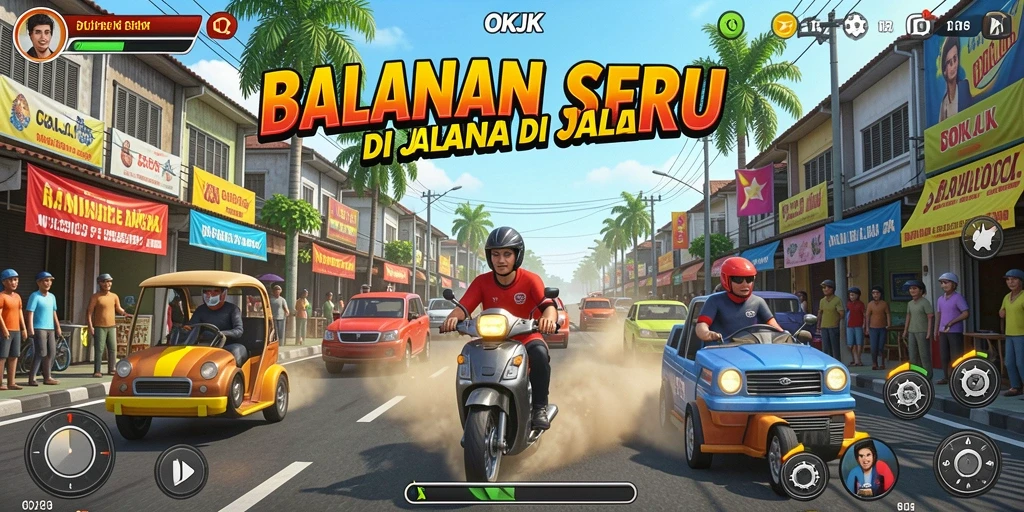 Screenshot utama OKJK menampilkan aksi balapan yang mendebarkan di trek.