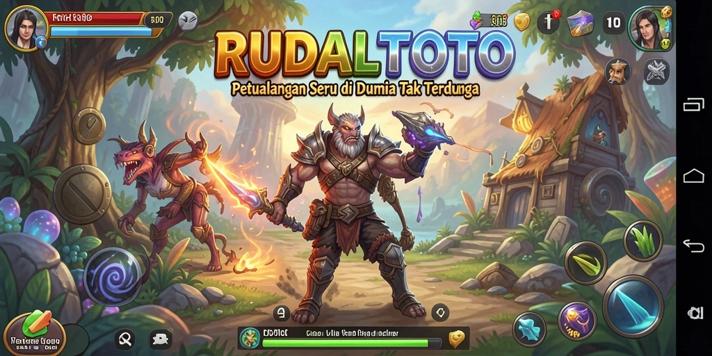 Tampilan gameplay seru dari RUDALTOTO dengan karakter petualang.