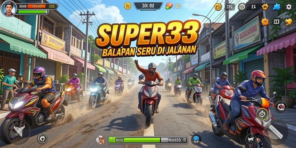 Tangkapan layar SUPER33 menampilkan aksi balapan yang mendebarkan.